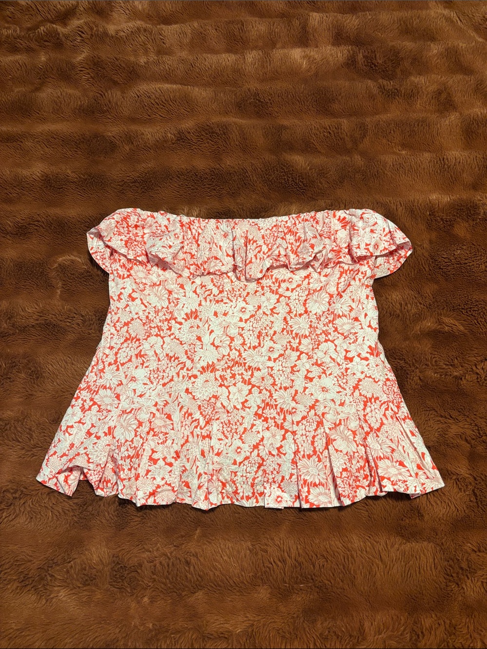 Coral and White Floral Strapless Ruffle Top